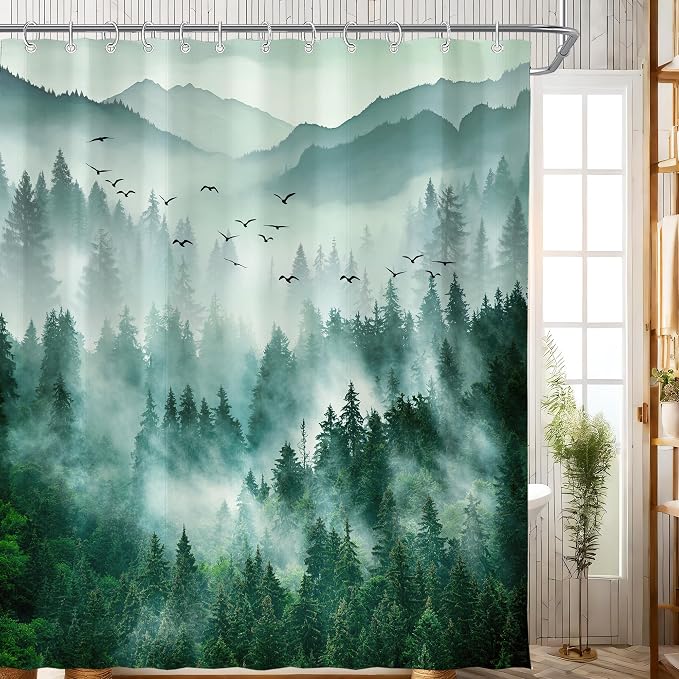 Green Misty Foggy Forest Mountain Shower Curtain for Bathroom 72W*72H Inch Nature Tree Woodland Bathtub Decor Pine Tree Natural Country Cool Masculine Aesthetic Waterproof Polyester Fabric