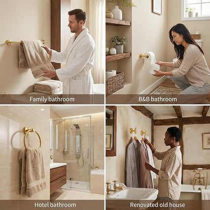 5-Piece Bathroom Hardware Set, Gold SUS304 Stainless Steel Bathroom Accessories Kit, Includes 24" Towel Bar, Toilet Paper Holder, Towel Ring & 2 Robe Hooks, Wall Mounted, Rustproof Modern Design