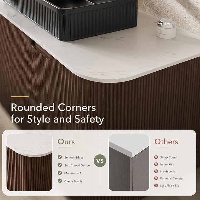 48 Inch Bathroom Vanity with Sink, Floating Wall Mounted Single Sink Vanity, Dark Walnut Curved Fluted Front, Stone Top, Black Textured Rectangular Vessel Basin, Pre-Assembled