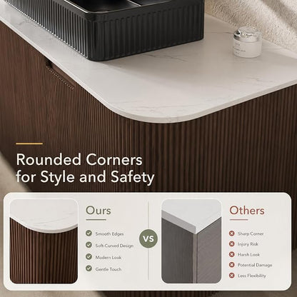 48 Inch Bathroom Vanity with Sink, Floating Wall Mounted Single Sink Vanity, Dark Walnut Curved Fluted Front, Stone Top, Black Textured Rectangular Vessel Basin, Pre-Assembled