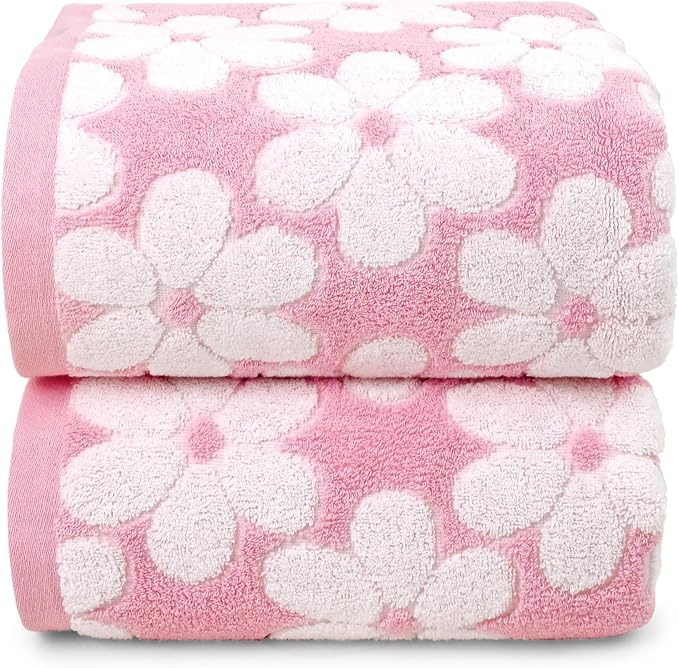 Pink Bath Towels Set of 2, Super Absorbent & Decorative 27.5x55 Inches | Cute Floral Jacquard Shower Towel for Bathroom Decor, Beach, Cotton