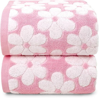 Pink Bath Towels Set of 2, Super Absorbent & Decorative 27.5x55 Inches | Cute Floral Jacquard Shower Towel for Bathroom Decor, Beach, Cotton