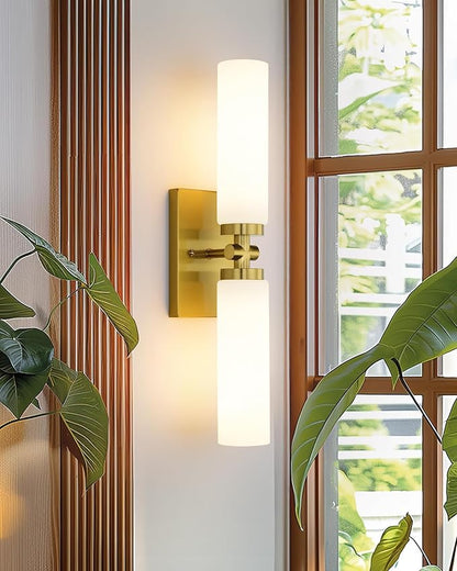 Emak 21 Inch Brushed Gold Bathroom Light Fixtures, 2-Light Vanity Lights with Milk Glass Shade, Modern Wall Sconce for Bathroom, Mirror, VL086-BGD-ML-2