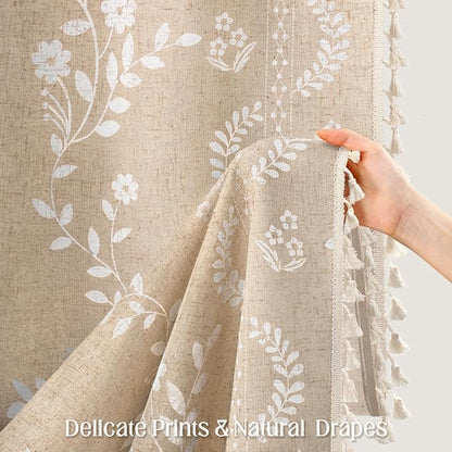 Vintage Boho Beige Shower Curtain, Floral Linen Patterned Shower Curtains for Bathroom with Tassels, 72 x 72