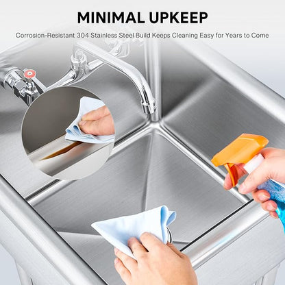 1-Compartment Sink, 18x18x12 in. Kitchen Sink with Strainer X-Shaped Guides Backsplash, Freestanding Single Bowl Utility Sink, Work Station Sink for Garage Kitchen Laundry Room Pet Salon
