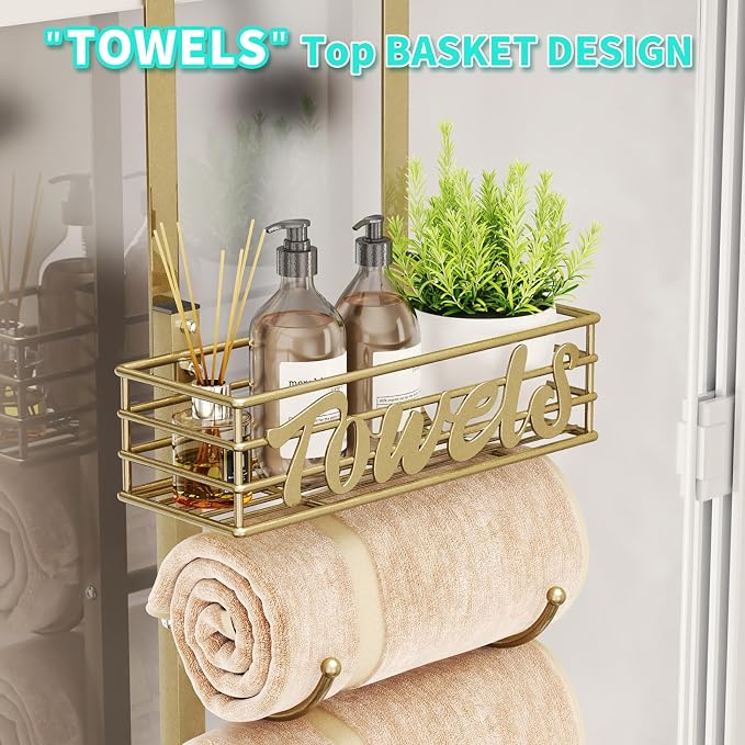 HapiRm Towel Racks for Bathroom Storage - 9 Tier Over The Door & Wall Mount Rolled Towel Storage Organizer Holder with Metal Shelf Basket for Small Bathroom, Camper, Rv - Gold, Patented