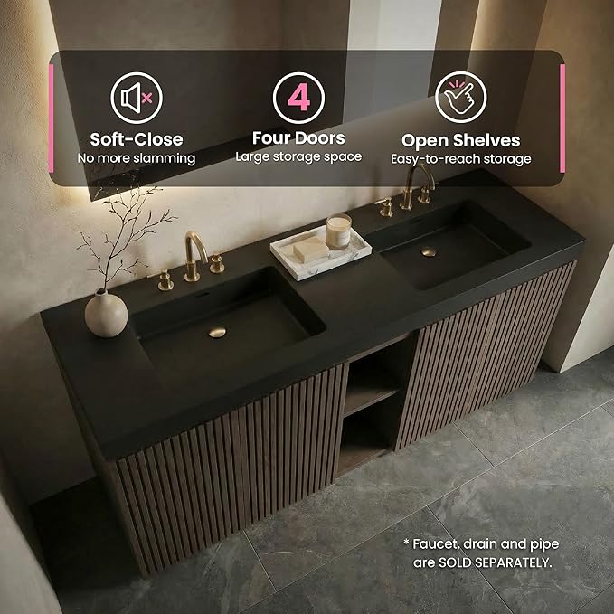 72" Bathroom Vanity with Sink Combo, Mid Century Modern Bathroom Cabinet with 4 Doors & Open Shelf, Matte Black Integrated Sink with Overflow, Dark Grey Oak