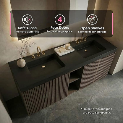 72" Bathroom Vanity with Sink Combo, Mid Century Modern Bathroom Cabinet with 4 Doors & Open Shelf, Matte Black Integrated Sink with Overflow, Dark Grey Oak