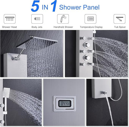 MENATT 304 Stainless Steel Shower Panels System with 6 Body Jets, Shower Tower with Adjustable 9 inch Rainfall Shower Head, Handheld Shower Wand, Brushed Nickel