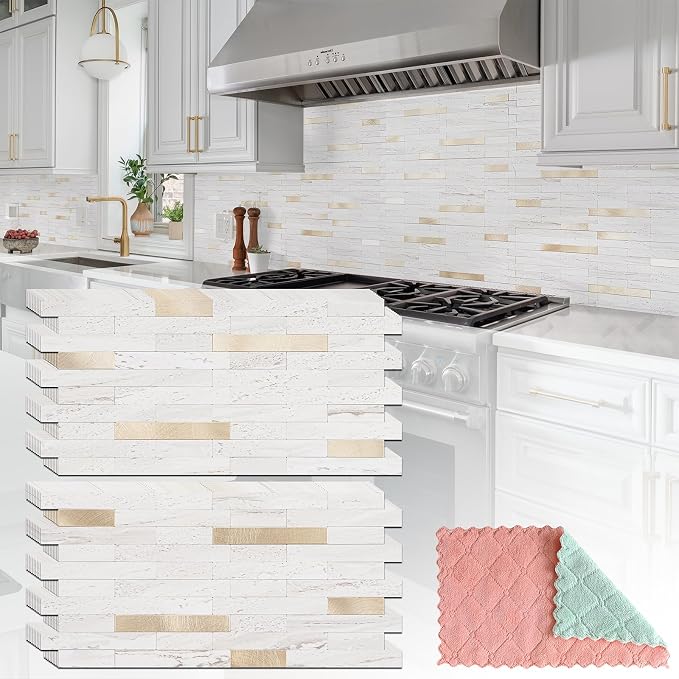 StyloVue 20 Sheets Peel and Stick Backsplash for Kitchen, Pearl White Sandstone with Metal Gold Look Stick on Tile Upgrade Your Kitchen Backsplash, RV, Fireplace