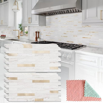 StyloVue 20 Sheets Peel and Stick Backsplash for Kitchen, Pearl White Sandstone with Metal Gold Look Stick on Tile Upgrade Your Kitchen Backsplash, RV, Fireplace