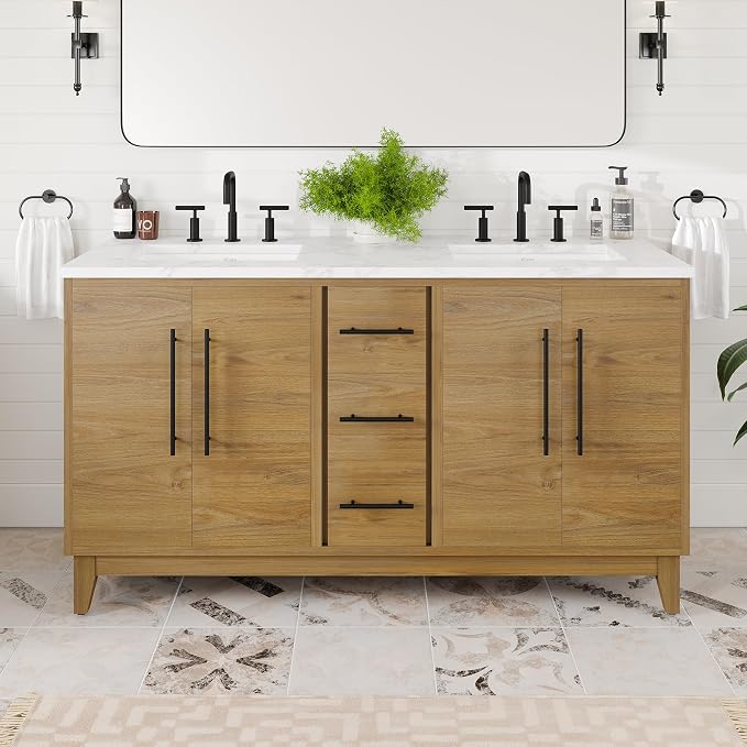 Graham 60 in. Oak Double Sink Bath Vanity with Arabescato Engineered Stone Top and Undermount Porcelain Sinks
