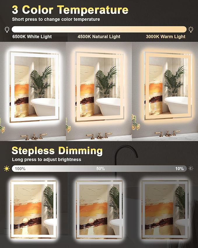 28x36 LED Bathroom Mirror, 6000LM, Separate Front and Back Lights | UL Certified,Shatter-Resistant Tempered Glass,Auto-Off Defogger,3 Color Modes,Smooth Dimming,Smart Memory Setting