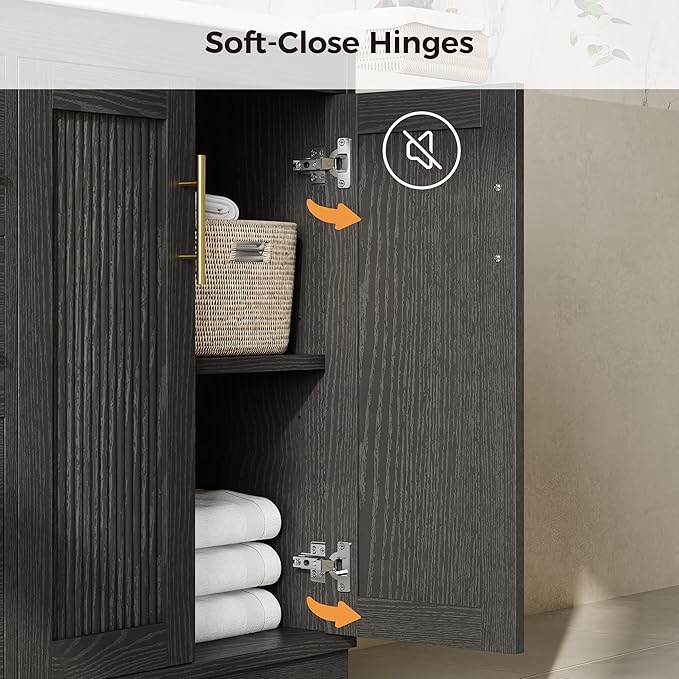 IRONCK 36 Inch Bathroom Vanity with Sink, Modern Black Bathroom Cabinet with Soft Closing Doors, 3 Drawers, Adjustable Shelf & Toilet Paper Holder