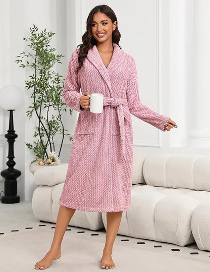 Ekouaer Women's Robe Long Plush Soft Bathrobe Cozy Warm Robes Shawl Collar Sleepwear with Pockets