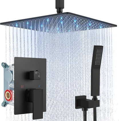 Aolemi Ceiling Shower Faucet Set with Handheld 16" LED Head Matte Black | Handheld Spray,16 Inch Rain LED Head,Shower Valve and Trim Kit,All Metal,Ceiling System,Bathroom Mixer