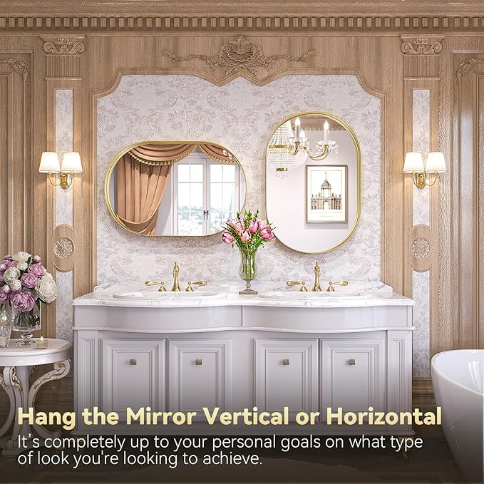 Brightify Gold Oval Mirror for Bathroom Vanity 20x30 Inch, Gold Metal Frame Mirrors for Wall, Modern Mirror for Bedroom Living Room Wall Decorative Hang Vertical and Horizontal