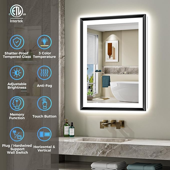 36x30 Black Framed LED Bathroom Mirror with Lights, Backlit and Front Light, Lighted Bathroom Vanity Mirror for Wall Dimmable Anti-Fog Memory Tempered Glass Horizontal/Vertical
