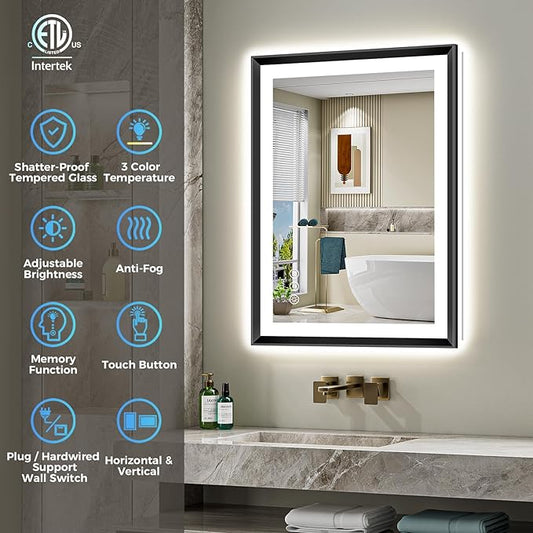 36x30 Black Framed LED Bathroom Mirror with Lights, Backlit and Front Light, Lighted Bathroom Vanity Mirror for Wall Dimmable Anti-Fog Memory Tempered Glass Horizontal/Vertical