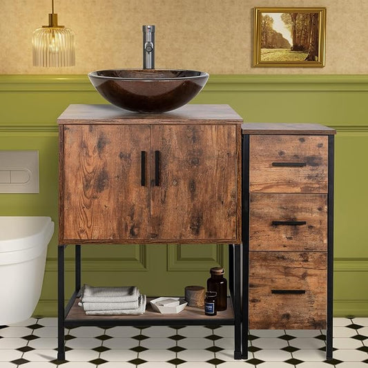 UEV 36" Antique Bathroom Vanity, Dark Brown Bathroom Vanity Set with Sink and 3 Drawers Side Cabinet Combo, Iron Wood Bathroom Cabinet with Adjustable Water Temperature Faucet (A09-NEW)