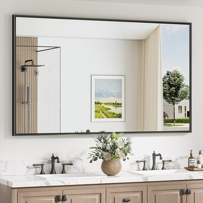 Keonjinn 60 x 36 Inch Black Oversize Bathroom Mirrors for Over Sink | Metal Frame, Rectangular Mirror for Wall, Safety Tempered Glass, Square Corner, Ideal for Corridor or Living Room