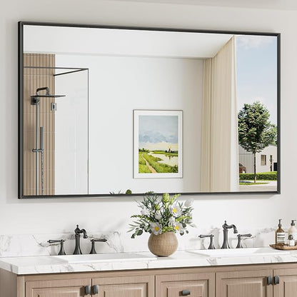 Keonjinn 60 x 36 Inch Black Oversize Bathroom Mirrors for Over Sink | Metal Frame, Rectangular Mirror for Wall, Safety Tempered Glass, Square Corner, Ideal for Corridor or Living Room
