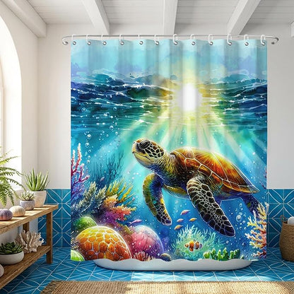 Blue Underwater Sea Turtle Shower Curtains for Bathroom,Ocean Theme and Fish Waterproof Polyester Shower Curtains,Funny Underwater Animals Theme Turtle Bathroom Decor,72x72 Inch