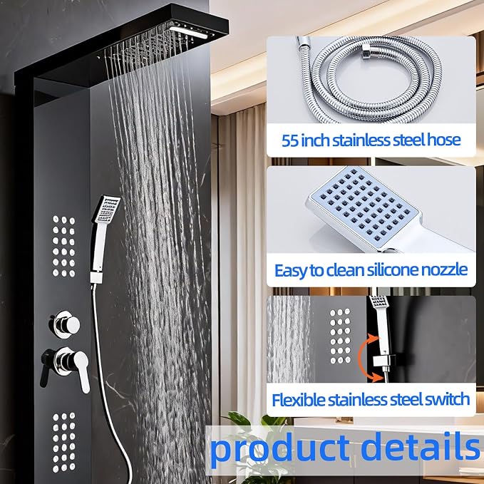 5-in-1 Shower Panel Tower System - Brushed Black | 304 stainless steel Shower Panel Tower Column with Powerful Body Jets, Rainfall, Waterfall,Handheld and Tub Spout