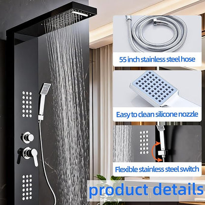 5-in-1 Shower Panel Tower System - Brushed Black | 304 stainless steel Shower Panel Tower Column with Powerful Body Jets, Rainfall, Waterfall,Handheld and Tub Spout