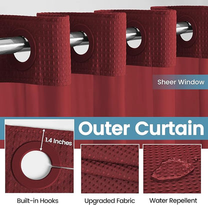 EUTXL Heavyweight Burgundy No Hook Shower Curtain with Snap in Liner,256GSM Waffle Weave Shower Curtains for Bathroom,71W x 74H