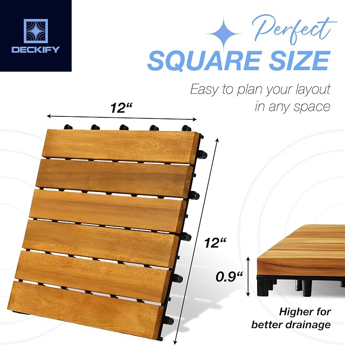 Acacia Interlocking Deck Tiles Outdoor Waterproof, Golden Teak Striped | Natural Acacia Wood, Raised Base Drainage, Non-Slip Grip, 490 lb Capacity, Oil-Rubbed Finish,Easy Clean,Tool-Free