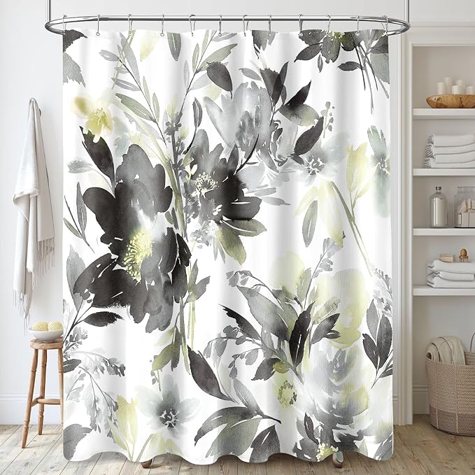 MAYZUS Grey Black Watercolor Floral Shower Curtains for Bathroom, 72x72 | Modern Abstract Flower Decorative Fabric Shower Curtain Set with Hooks, Grey Yellow