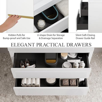 Modern 36" Wall-Mounted Bathroom Vanity with Sink | Floating Storage Cabinet, Stone Resin Countertop, Soft Close Drawers | Glossy White