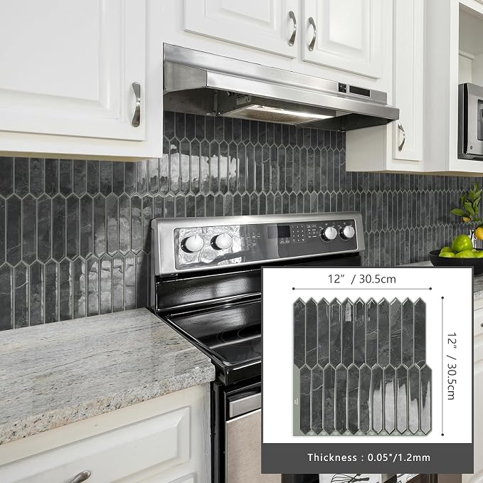 10 Sheets Long Hexagon Tile Peel and Stick Backsplash | Self-Adhesive Wall Tiles Stick on Back Splash for Kitchen, Bathroom, Fireplace,RV(Gray,12"×12")