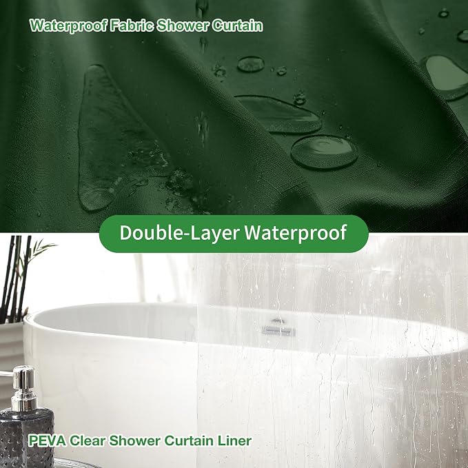 Shower Curtain and Liner, 3 in 1 Shower Curtain Set with 12 Double Sided Shower Curtain Hooks, 72x84 Cloth Shower Curtains for Bathroom,Waterproof, Dark Green
