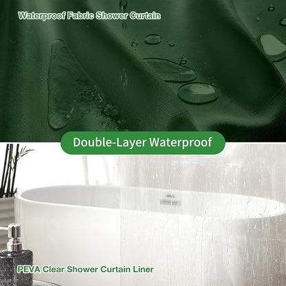 Shower Curtain and Liner, 3 in 1 Shower Curtain Set with 12 Double Sided Shower Curtain Hooks, 72x84 Cloth Shower Curtains for Bathroom,Waterproof, Dark Green