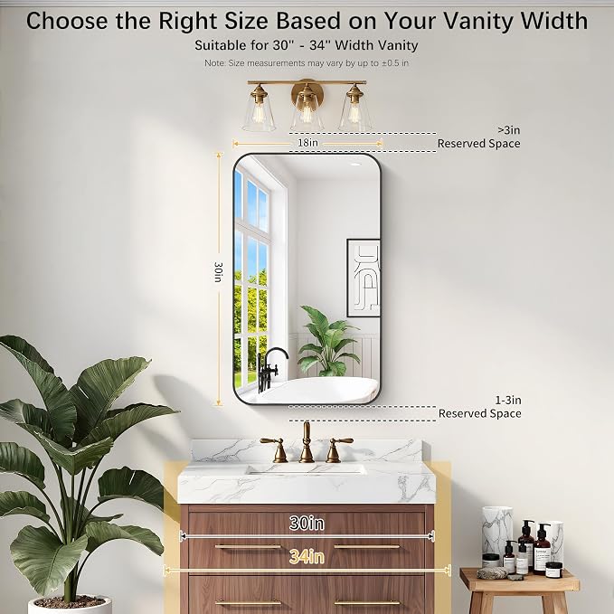DESBING 18"x30" Bathroom Mirror for Over Sink, Black Framed Wall Mirror | High-Definition Shatterproof Vanity Mirror with Rounded Corner for Bedroom Living Room Entryway Horizontally or Vertically