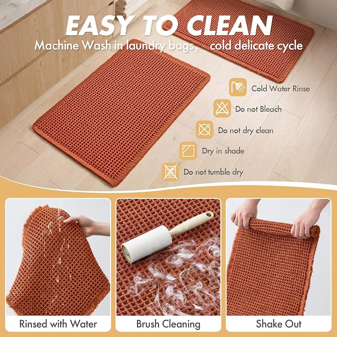 MIULEE Fall Orange Set of 2 Waffle Bathroom Rugs Bath Mat 17"x24"+17"x48" | Non Slip, Super Absorbent, Washable, Ultra Soft, Rubber Backed, Small Boho Bath Rug and Bathroom Runner for Floor Tub Shower