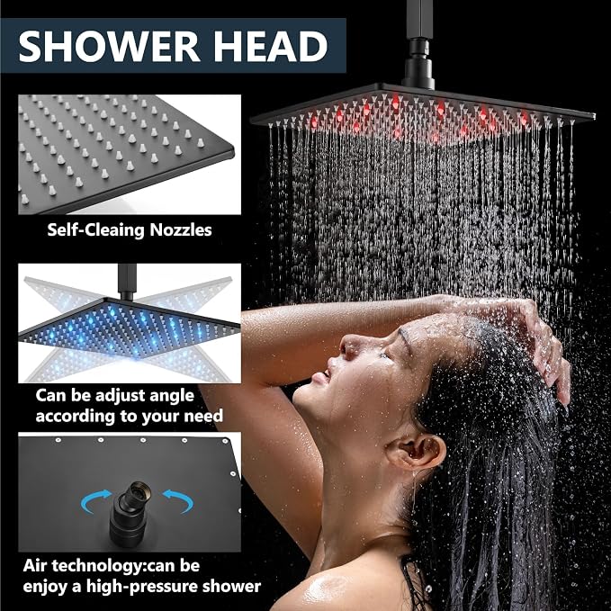 Aolemi Ceiling Shower Faucet Set with Handheld 12" LED Head Matte Black | Handheld Spray,12 Inch Rain LED Head,Shower Valve and Trim Kit,All Metal,Ceiling System,Bathroom Mixer