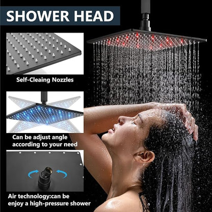 Aolemi Ceiling Shower Faucet Set with Handheld 12" LED Head Matte Black | Handheld Spray,12 Inch Rain LED Head,Shower Valve and Trim Kit,All Metal,Ceiling System,Bathroom Mixer