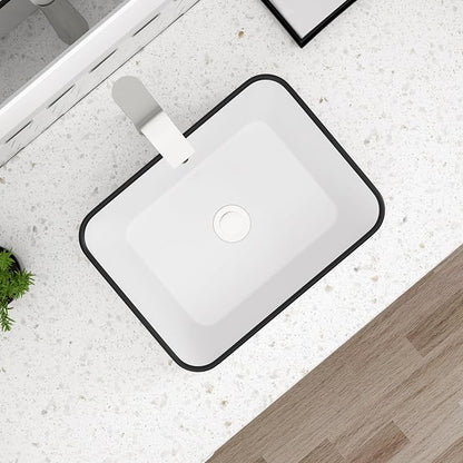 Dcolora Rectangular White Vessel Sink, 16"x12", Black Rim Ceramic Porcelain Bathroom Sink