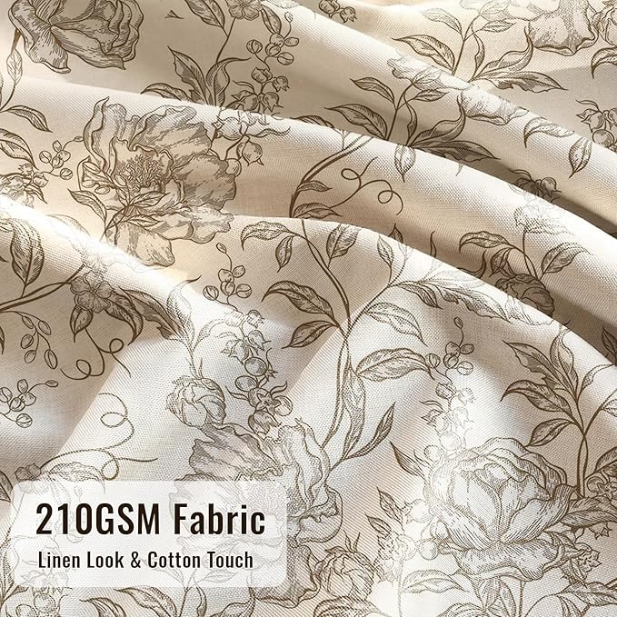 Farmhouse Brown Floral Shower Curtain with 12 Clear Rings 72"W x 84"L | Boho Fabric Faux Linen Shower Curtain Set, Vintage Cottagecore Shower Curtain for Bathroom