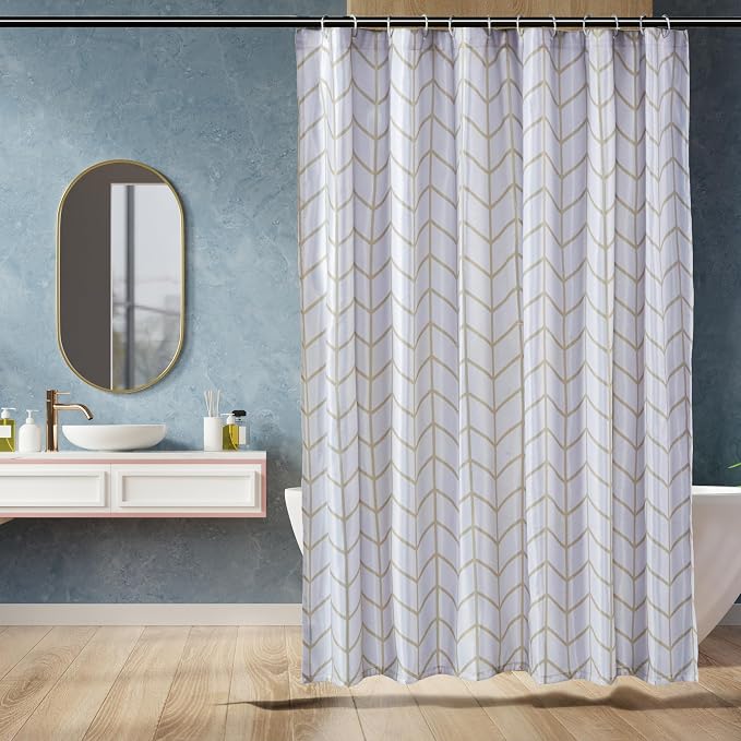 Amazon Basics Bathroom Shower Curtain, Water Resistant Fabric with Weighted Hem, Rust Resistant Grommets & Hooks, Machine Washable, 72"x72", Natural Herringbone
