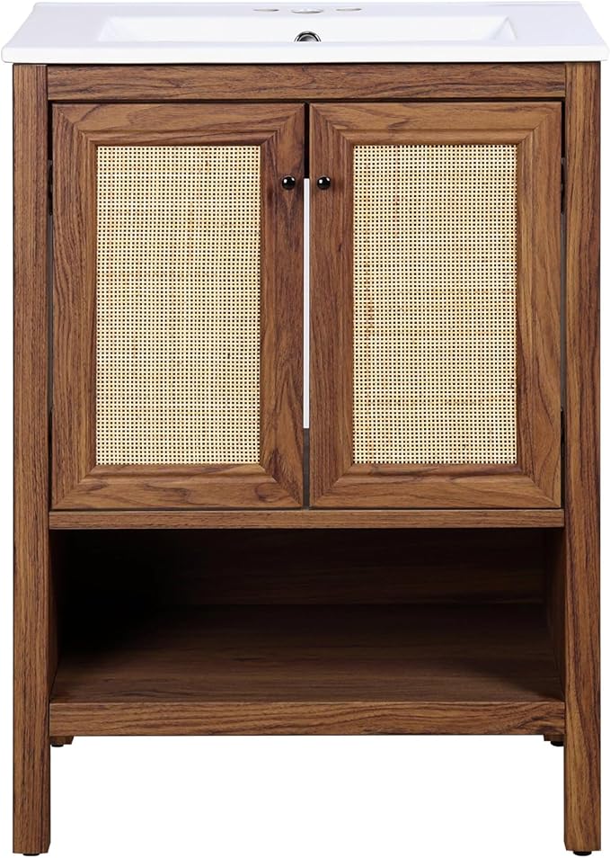 JONATHAN Y VAN1023B Jasper 24 in. W x 18 in. D x 33 in. H Rattan Modern Coastal 2-Shelf Bathroom Vanity Cabinet Only with Soft Closing Doors (Sink Basin Not Included), Walnut