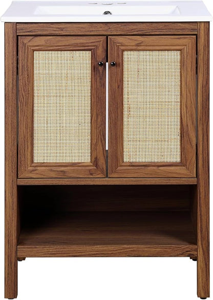 JONATHAN Y VAN1023B Jasper 24 in. W x 18 in. D x 33 in. H Rattan Modern Coastal 2-Shelf Bathroom Vanity Cabinet Only with Soft Closing Doors (Sink Basin Not Included), Walnut