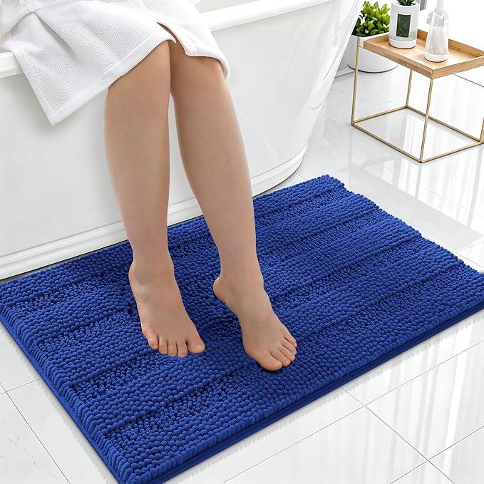 Smiry Thick Chenille Bathroom Rugs 36x24, Absorbent Bath Mat, Royal Blue | Quick‑Dry & Machine Washable, Non‑Slip Bath Carpet, Soft Striped Bath Rugs for Tub & Shower, Modern Home Decor Accessories
