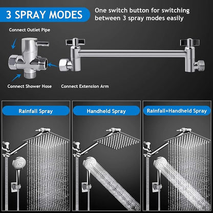 Shower Head Combo,8 Inch High Pressure Rain Shower Head with 11 Inch Adjustable Extension Arm and 5 Settings Handheld Shower Head Combo,Powerful Shower Spray Against Low Pressure Water with Long Hose
