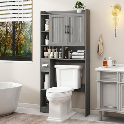 Vabches Farmhouse Over The Toilet Storage Cabinet with Barn Door, Wash Grey | Storage Cabinet Over Toilet, Home Space-Saving Toilet Rack, for Bathroom, Restroom, Laundry