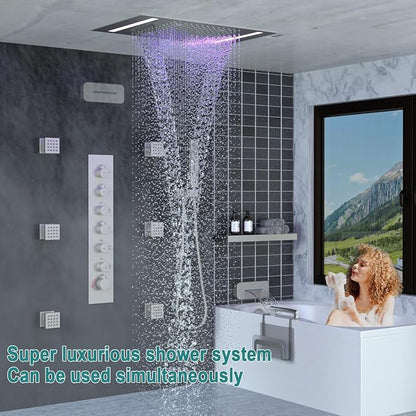 HOMEDEC LED Multi Functions Full Body Shower System with 6pcs Body Jets Spray with（Up/Down）Shower Spout, Large 3 In 1 Functions 14x20inch Showerhead, Rainfall Mist Shower Faucet Set, Brushed Nickel