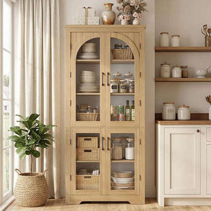 Garvee 70" Tall Kitchen Pantry Cabinet - Modern Display Cabinet with 4 Arched Glass Doors and Adjustable Shelves, Versatile Cupboard Organizers for Kitchen, Dining Room, Living Room, Bathroom, Natural